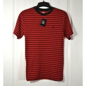 Volcom Boy's Short Sleeve Striped T-Shirt Tee Red Three Storie SS Crew Size L
